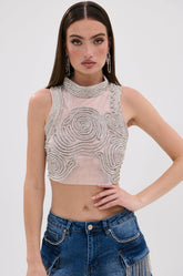 STARSHINE RHINESTONE MOCK NECK BLOUSE