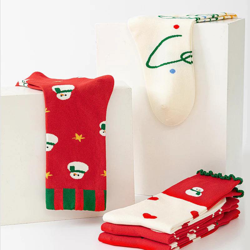 5 Pack Cute Cartoon Couples Crew Knee High Christmas Socks