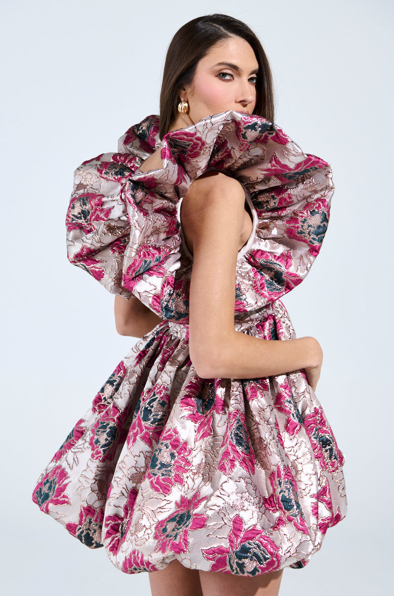 MAIN CHARACTER ENERGY BROCADE MINI DRESS IN SILVER