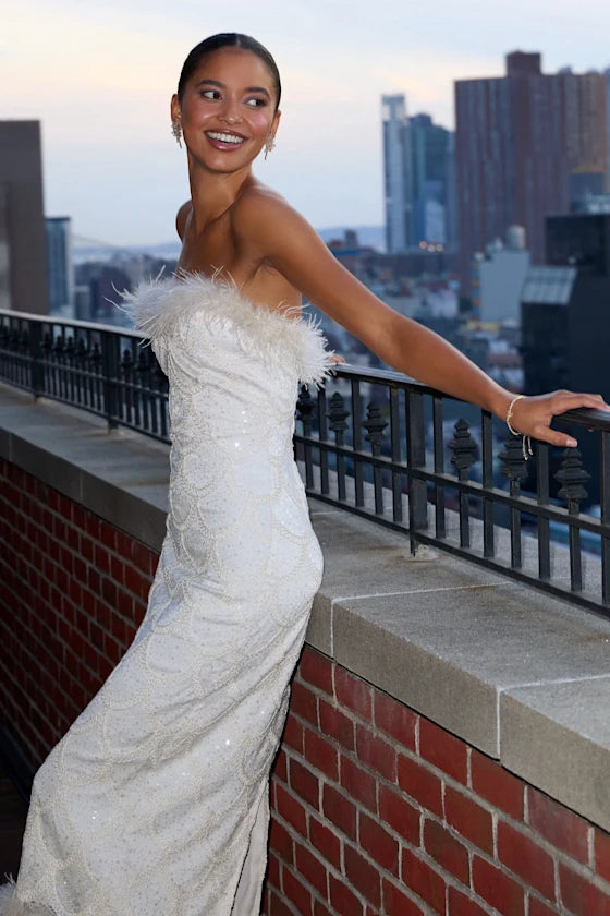 Uniquely Confident Cream Lace Feather Strapless Midi Dress