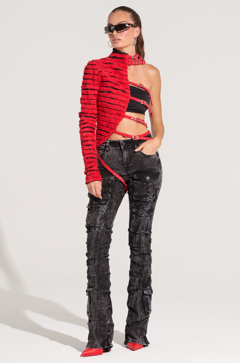 PRETTY RECKLESS DISTRESSED DENIM HALF THERE TOP