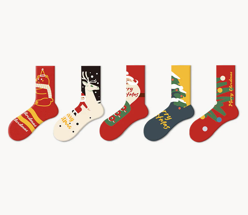 5 Pack Cute Cartoon Couples Crew Knee High Christmas Socks