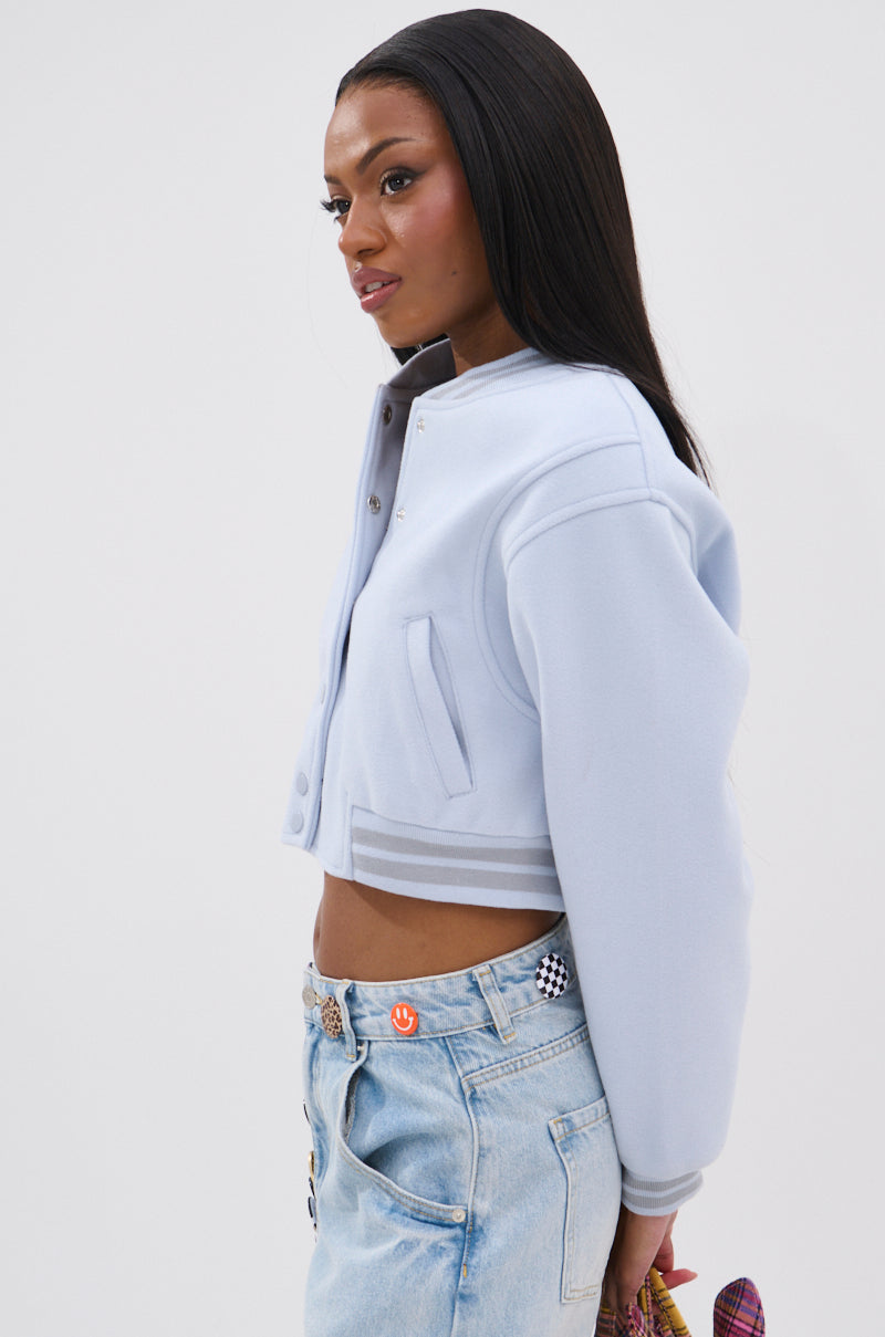 DAVIS EVERYDAY VARSITY BOMBER IN LIGHT BLUE