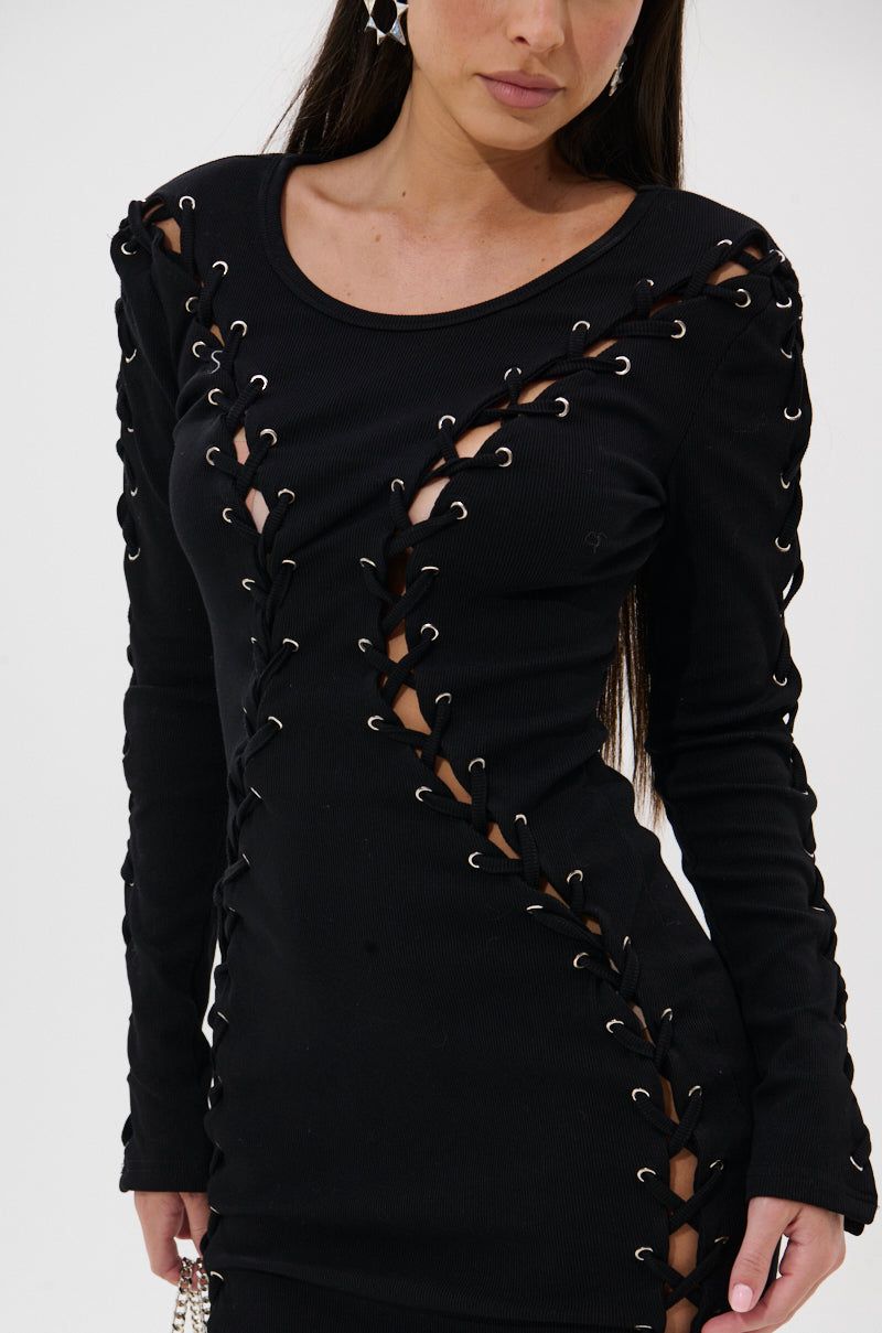 RUN THIS TOWN LACE UP MINI DRESS