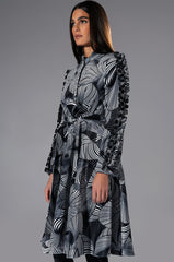 ABSTRACT PRINT BELTED LONG SLEEVE MINI DRESS