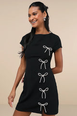 Endearing Sparkle Black Rhinestone Bow Mini Dress