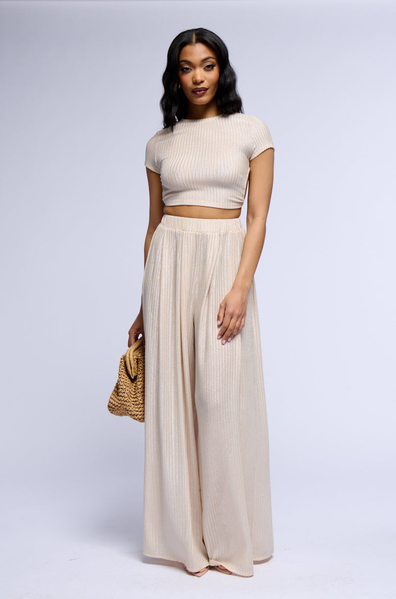 JUST LIKE MAGIC METALLIC KNIT OPEN BACK TOP IN BEIGE